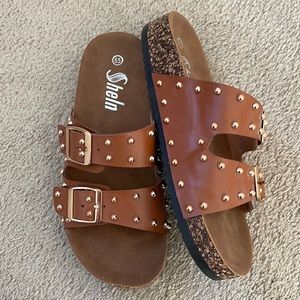 SHEIN Brown Studded Double Buckle Slide Sandals